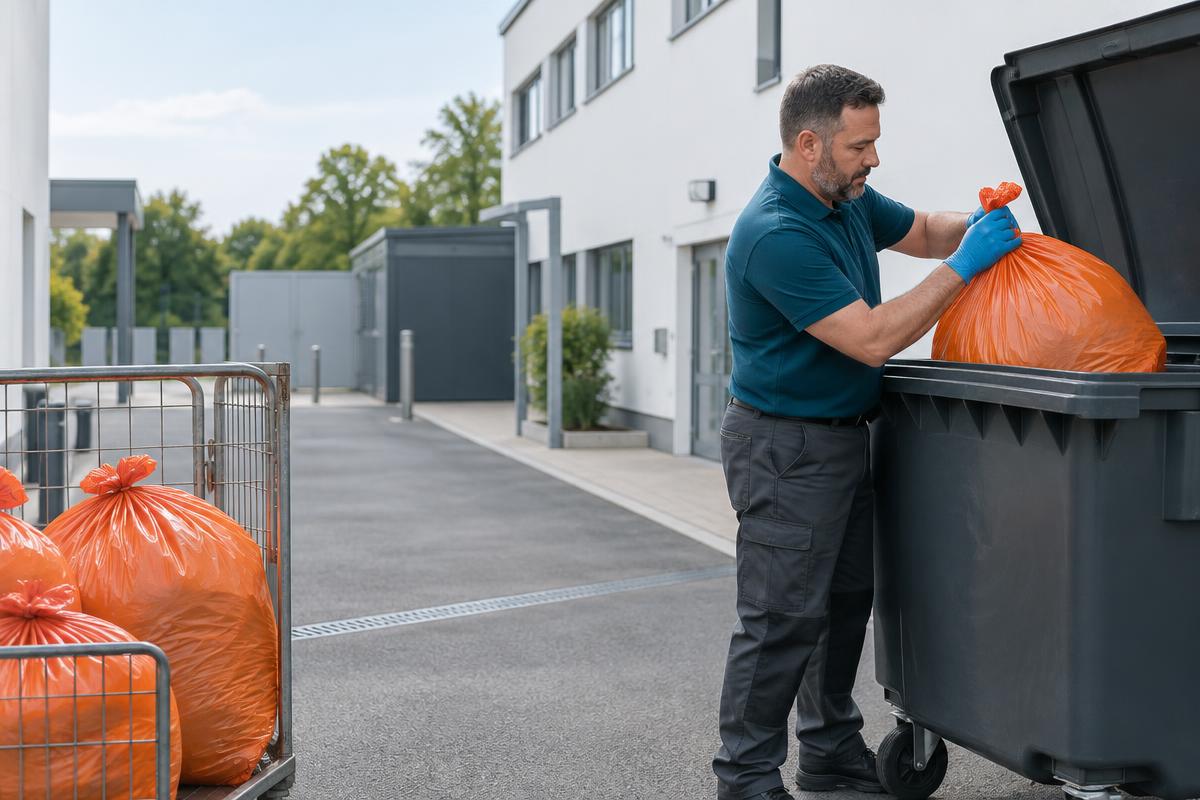 Offensive waste disposal: worker handling a sealed orange offensive waste sack for collection