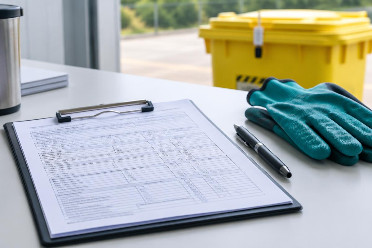 Waste transfer note and hazardous waste consignment note paperwork on a clipboard beside protective gloves